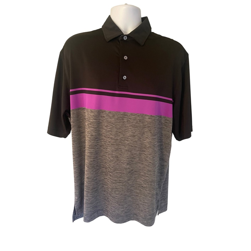 FootJoy FJ Golf Polo Shirt Men's Large Black Purple Stripe Performance DryJoy